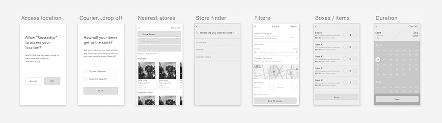 GoStashio low-fidelity wireframes
